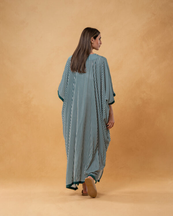 Green Velvet Striped and Embroidered Kaftan - Image 4
