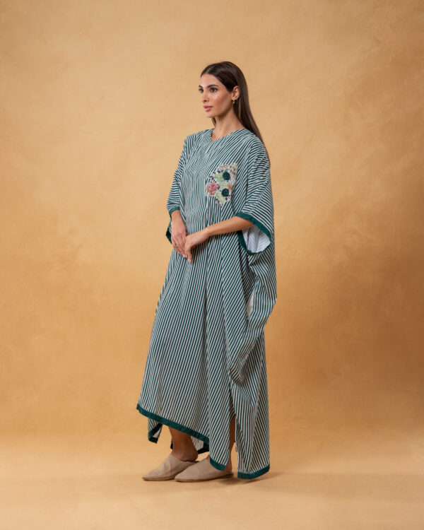 Green Velvet Striped and Embroidered Kaftan - Image 2