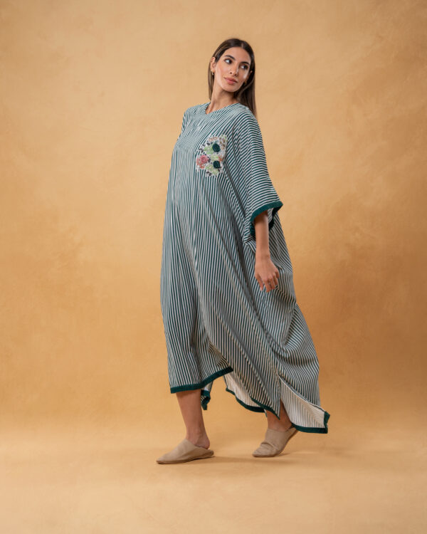 Green Velvet Striped and Embroidered Kaftan - Image 3
