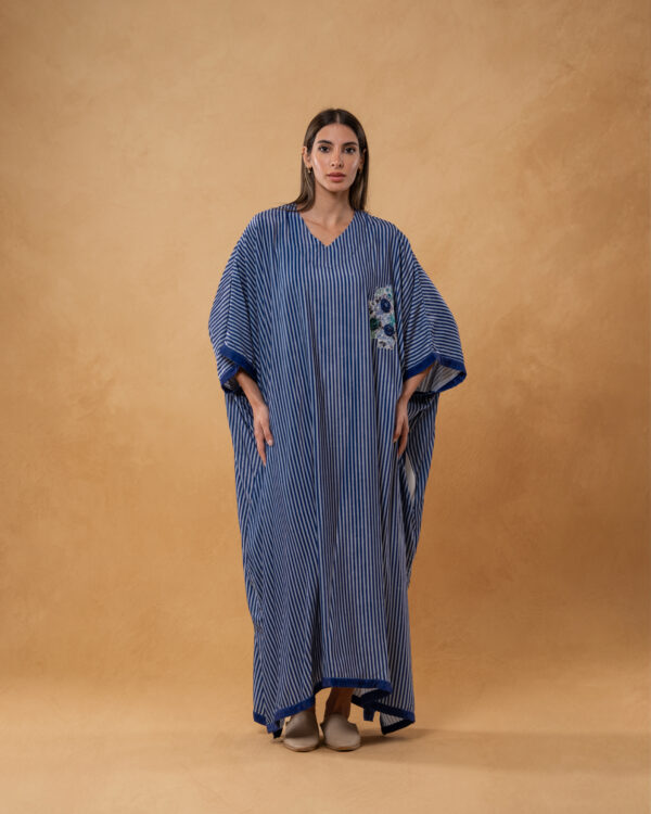 Blue Velvet Striped and Embroidered Kaftan - Image 2