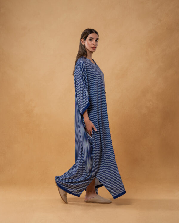 Blue Velvet Striped and Embroidered Kaftan - Image 3