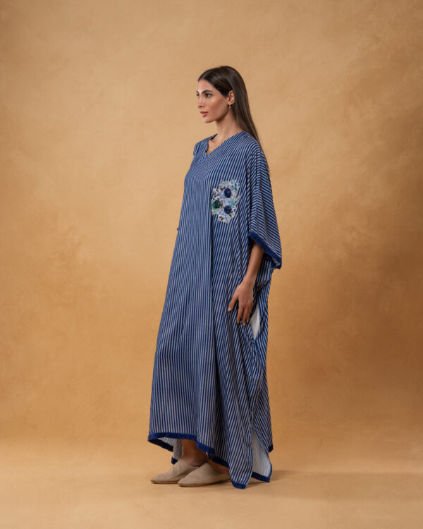 Blue Velvet Striped and Embroidered Kaftan