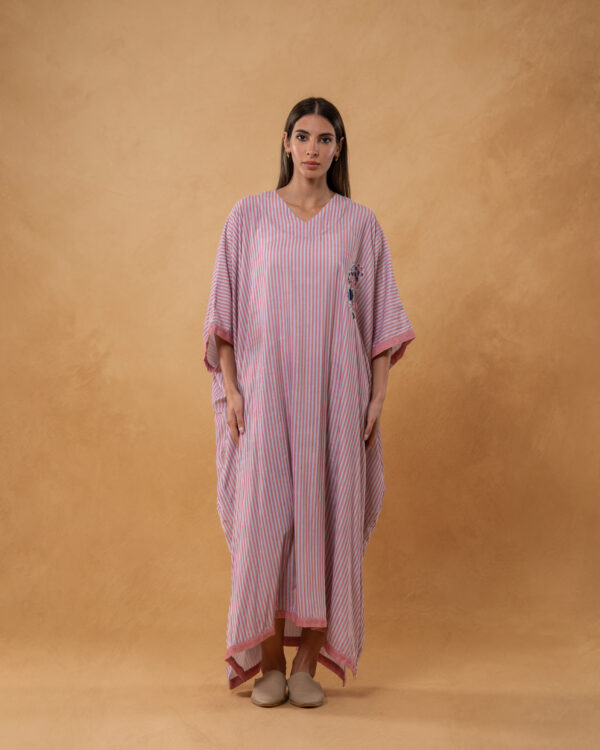 Pink Velvet Striped and Embroidered Kaftan