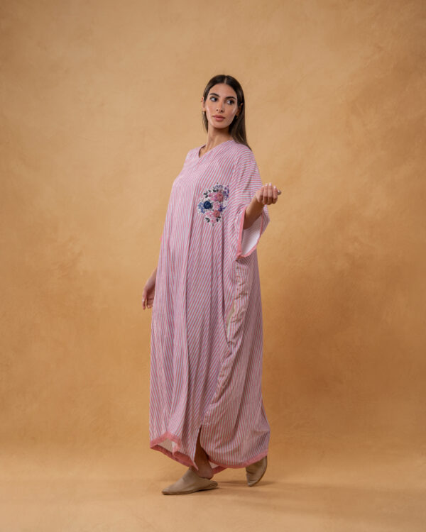 Pink Velvet Striped and Embroidered Kaftan - Image 3