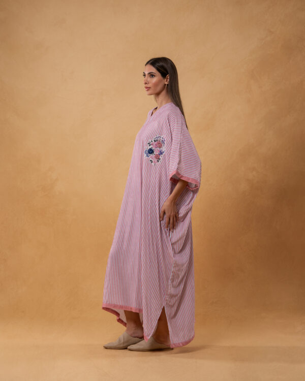 Pink Velvet Striped and Embroidered Kaftan - Image 2